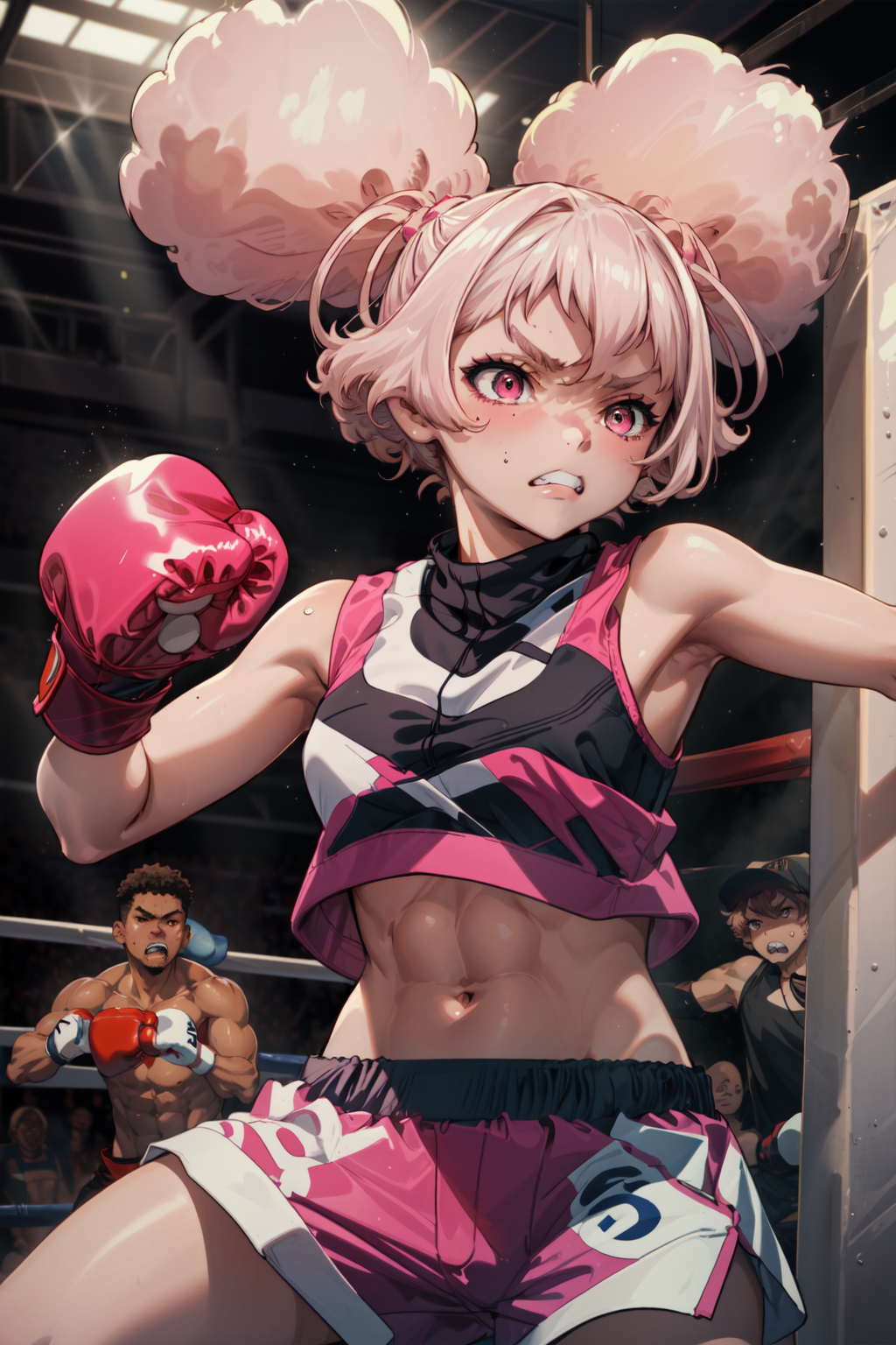 masterpiece,best quality,1girl,(chuatury panlunch),puffy hair,boxing gloves,midriff,sports bra,navel,punching,shorts,clenc...